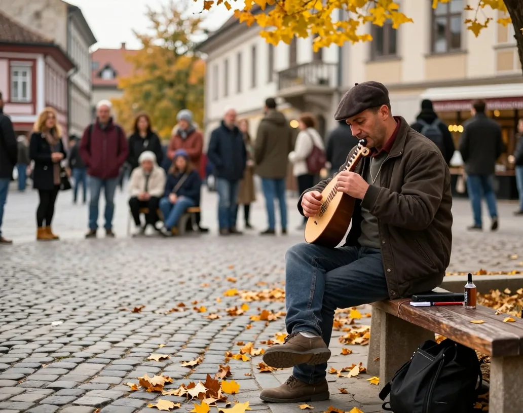 Street musician playing an alto domra on a cobblestone old town square in autumn